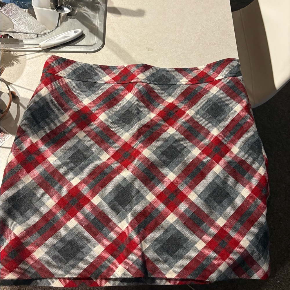 LOFT Red Gray Plaid Wool Blend Mini Skirt